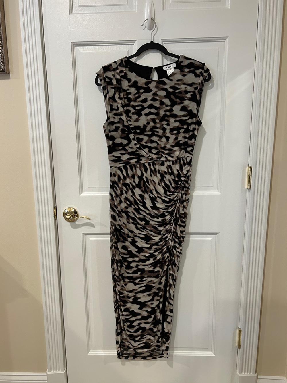 DKNY Taupe and Black Printed Midi Dress